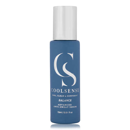Light blue CoolSense BALANCE Advanced Anti Sweat Serum bottle with silver cap