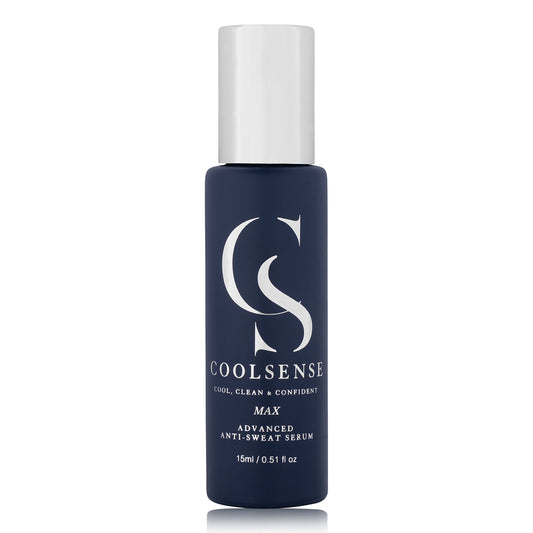 Navy blue CoolSense MAX Advanced Anti Sweat Serum bottle with silver cap